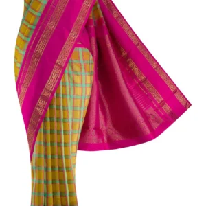 Yellow and Sea Green Kanchipuram Silk Saree - Image 2